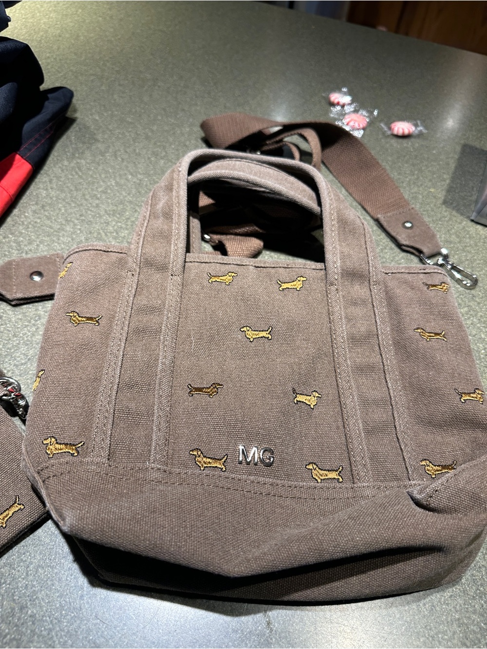 Madden Girl Brown Canvas Mini Tote with Dog Charm - Picture 4 of 8